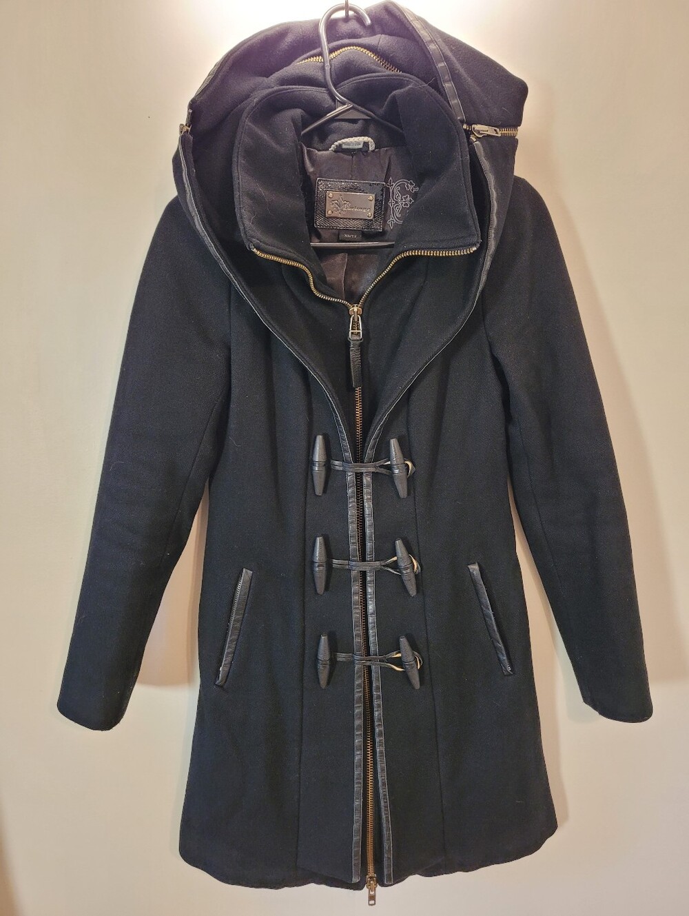 Mackage Black Steffy Flat Wool Cashmere Coat with Toggle & Zip Off Hood Size Xs